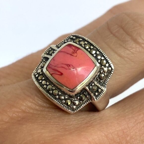 Sterling Silver 925 Square Pink Swirl Enamel Marcasite Halo Ring Sz 6.75 6g - Picture 3 of 16